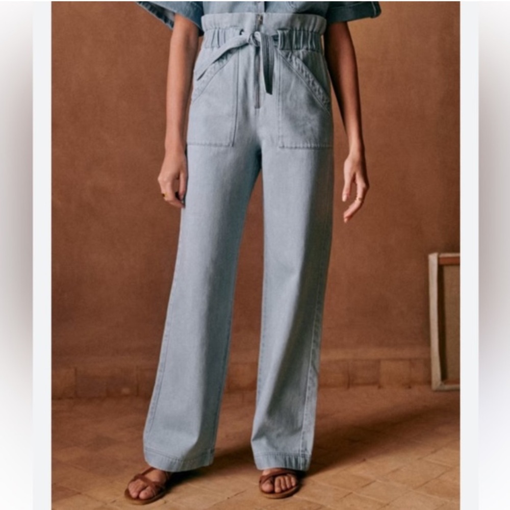 Sezane Anthon Trouser FR 40 US 8 100% Cotton Light Wash Blue Paper Bag Waist - Picture 1 of 14